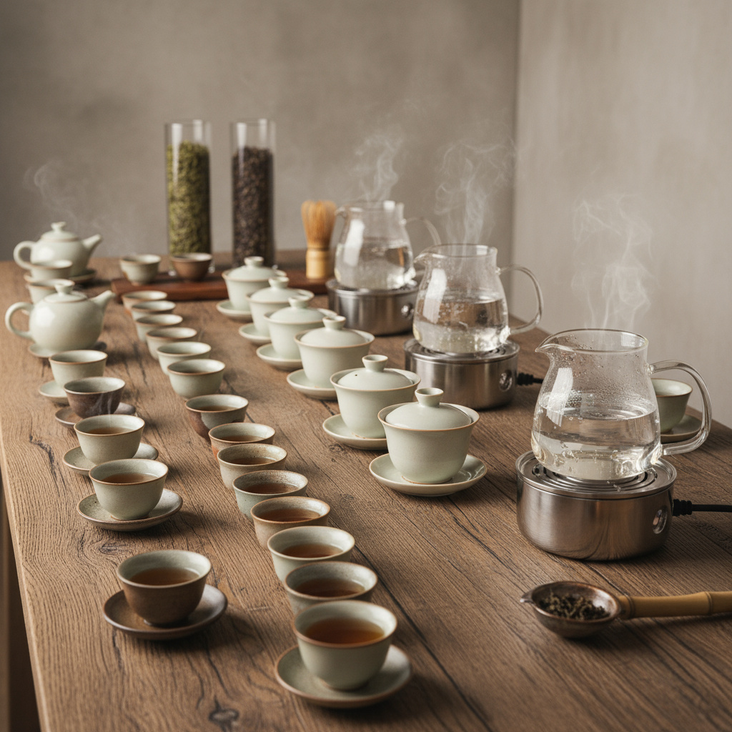 Mesa preparada para cata de té